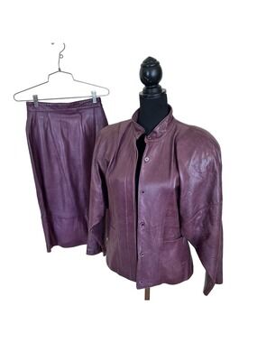 Womens Purple Leather Skirt & Jacket Size Small 1980s Vintage Leonardo Midi